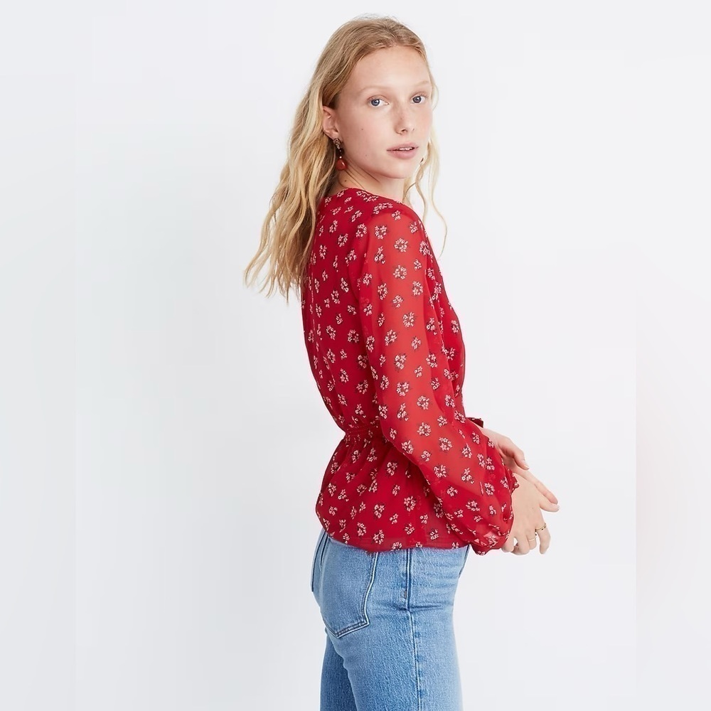 Madewell | V-Neck Peplum Top in Little Lilies‎ Boho XS Floral Cherry Red Prairie